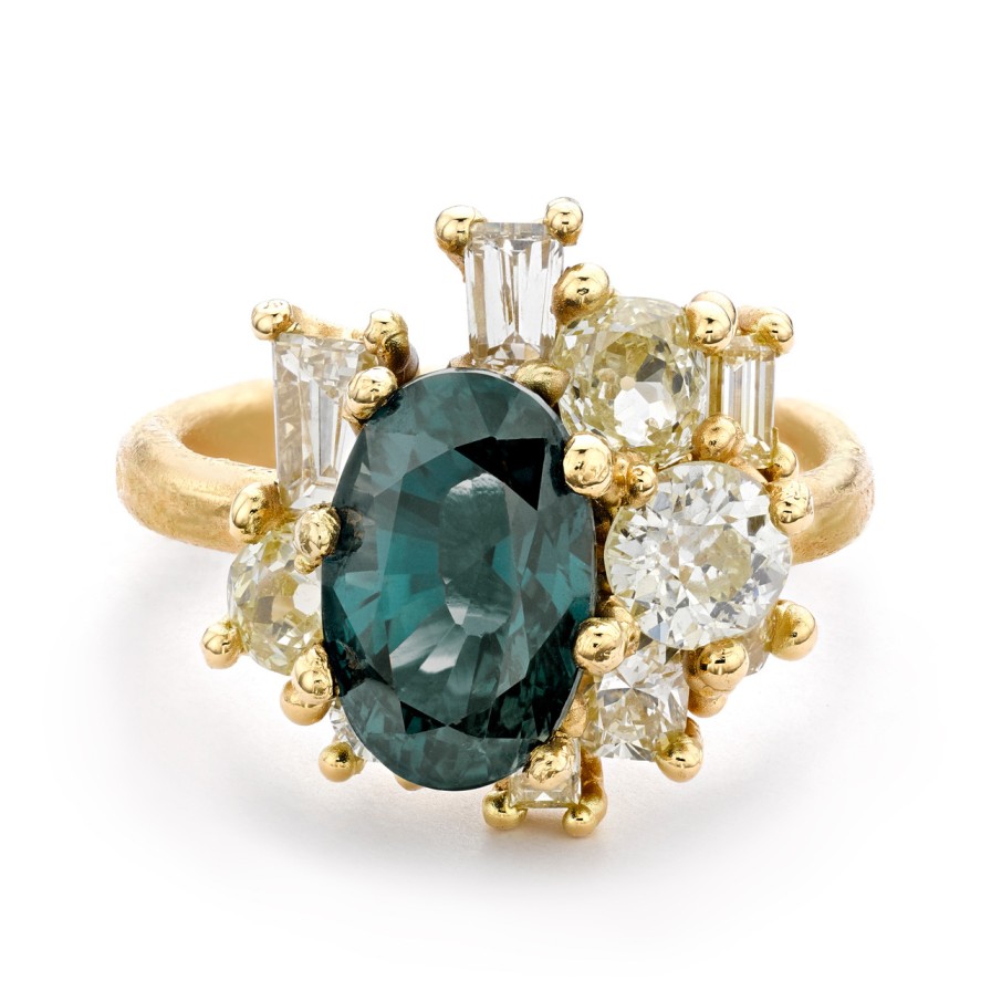 Rings Tomfoolery London | Oval Teal Sapphire And Diamond Sweeping Cluster Ring