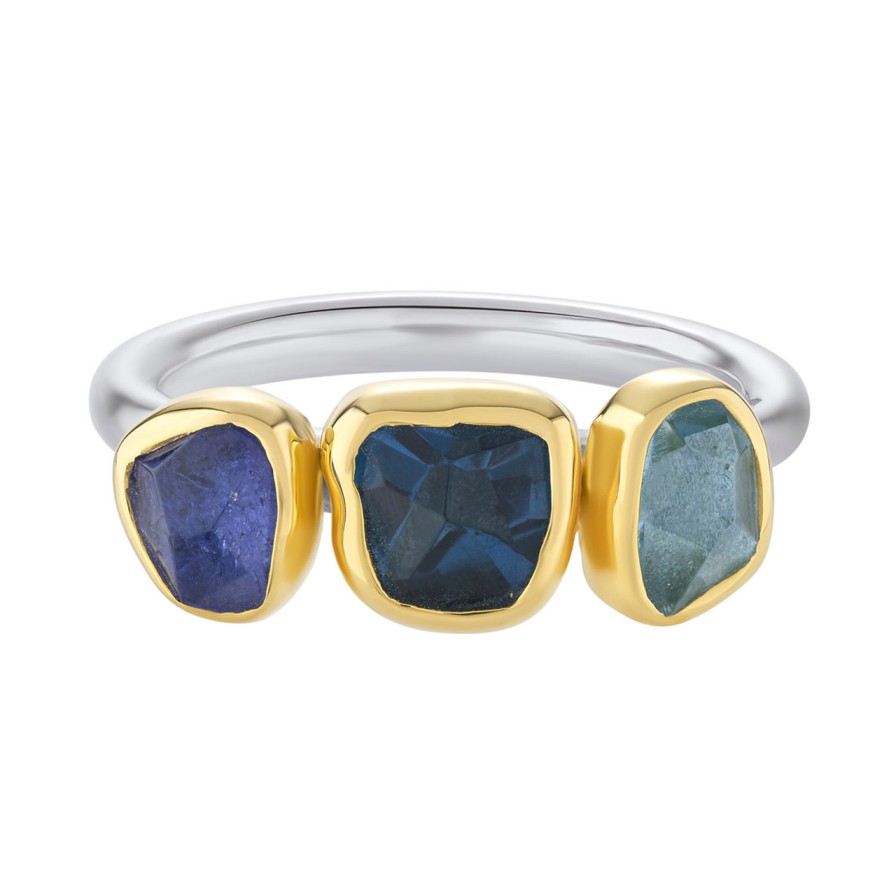 Rings Tomfoolery London | Blue Topaz, Tanzanite & Aquamarine Three Stone Rounded Band Ring