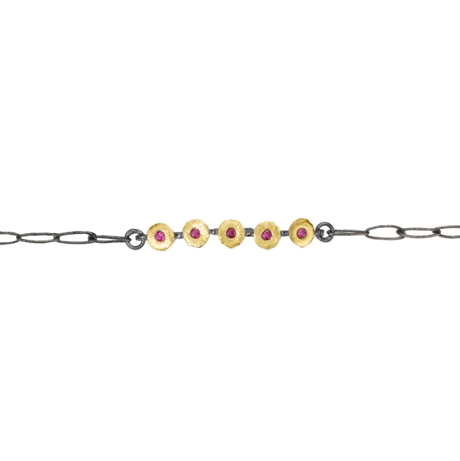 Bracelets Tomfoolery London | Oxidised Silver, Ruby & Gold Chain Link & Circle Bracelet