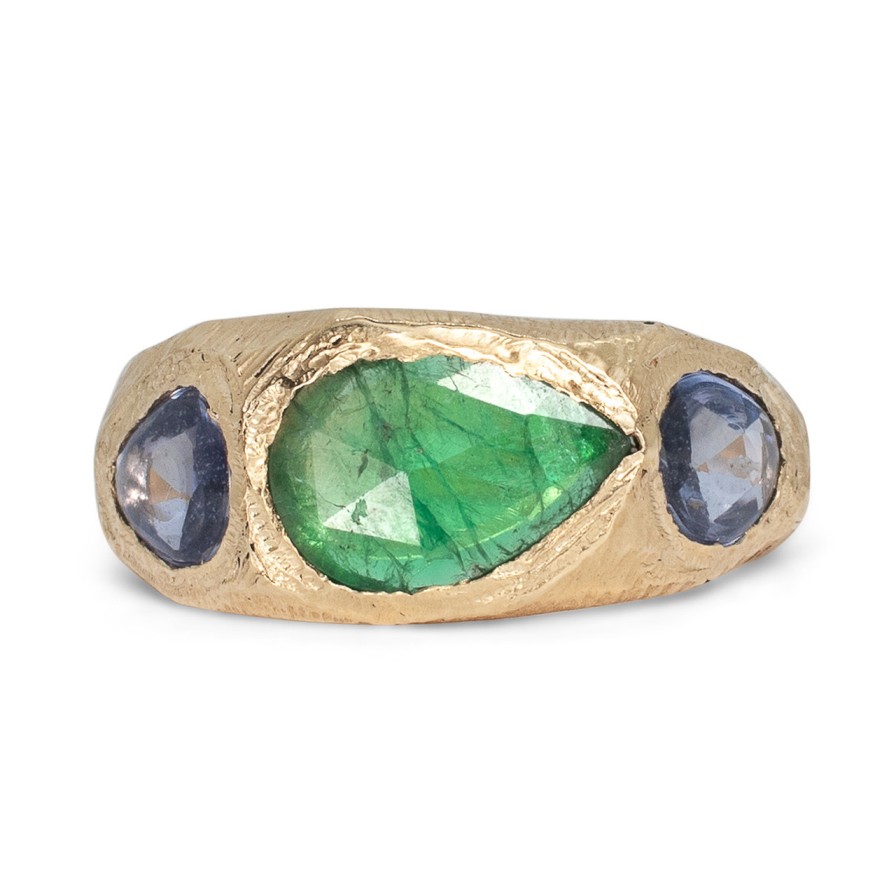 Rings Tomfoolery London | Deep Green & Blue Sapphire Three Stone Tapered Ring