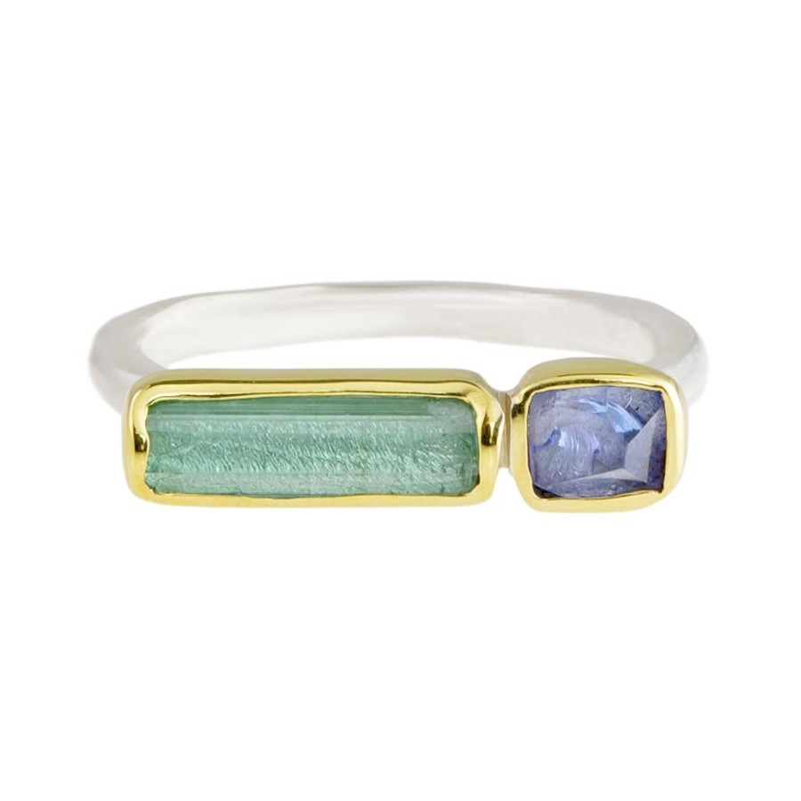 Rings Tomfoolery London | Linear Aquamarine & Tanzanite 18Ct Yellow Gold & Silver Ring