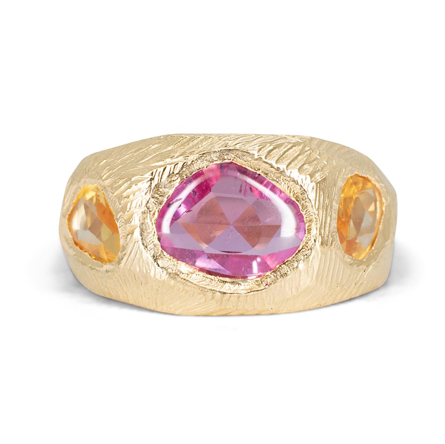 Rings Tomfoolery London | Pink & Orange Sapphire Three Stone Tapered Ring