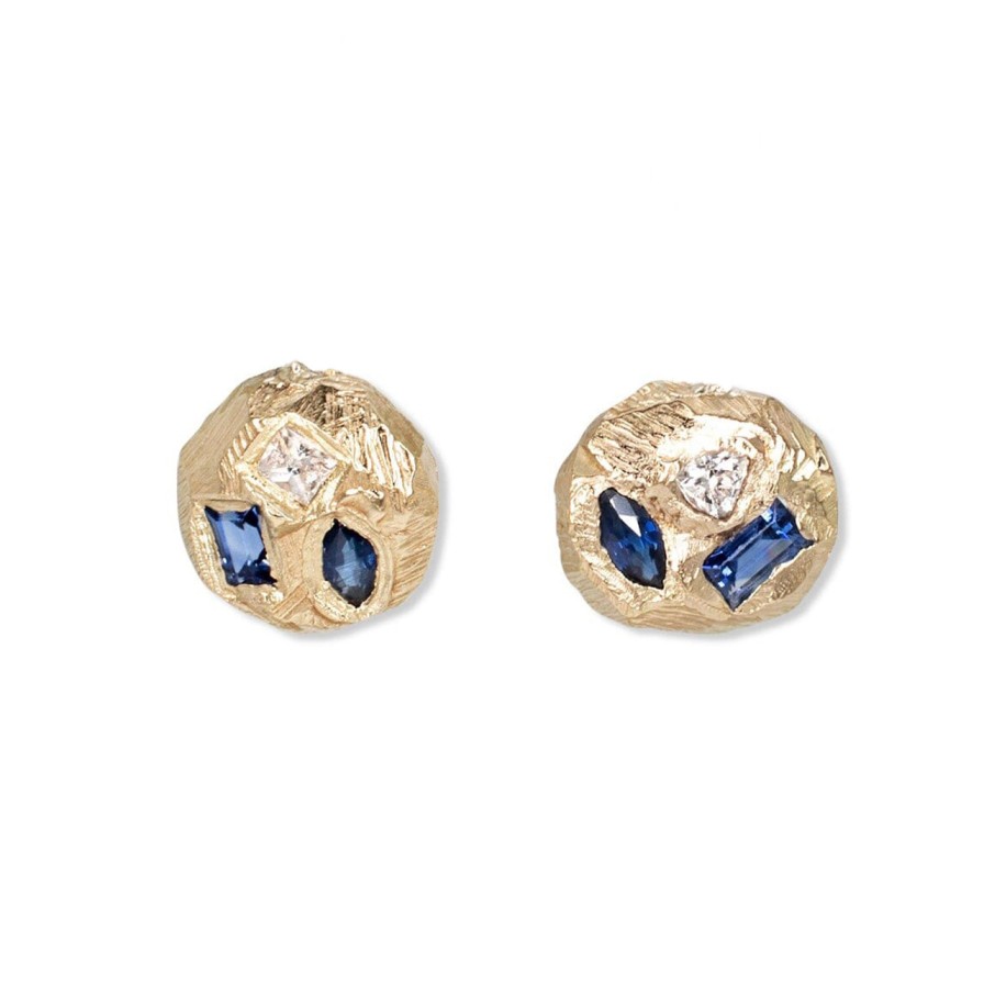 Earrings Tomfoolery London | Geometric Blue Sapphire & Diamond Studs