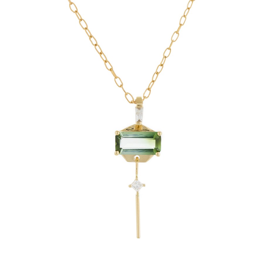 Necklaces Tomfoolery London | Tourmaline Baguette & Dangling Diamonds Chain Necklace