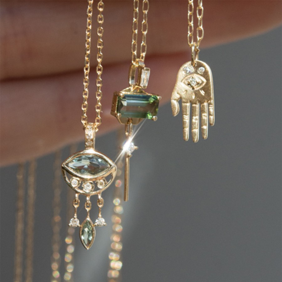 Necklaces Tomfoolery London | Tourmaline Baguette & Dangling Diamonds Chain Necklace