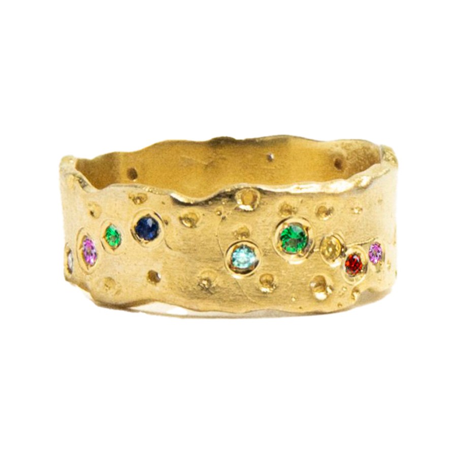 Rings Tomfoolery London | Gold Wide Erizo Ring With Rainbow Sapphires