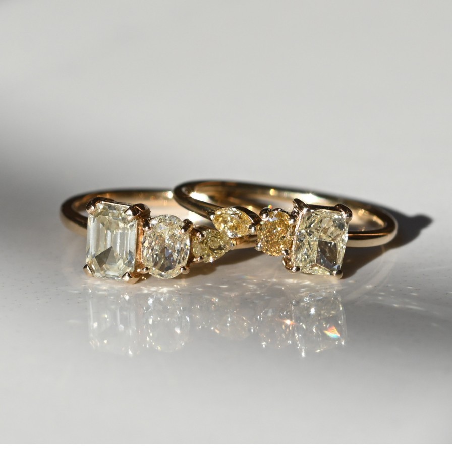 Rings Tomfoolery London | Trio Emerald Cut Yellow Diamond Three Stone Ring