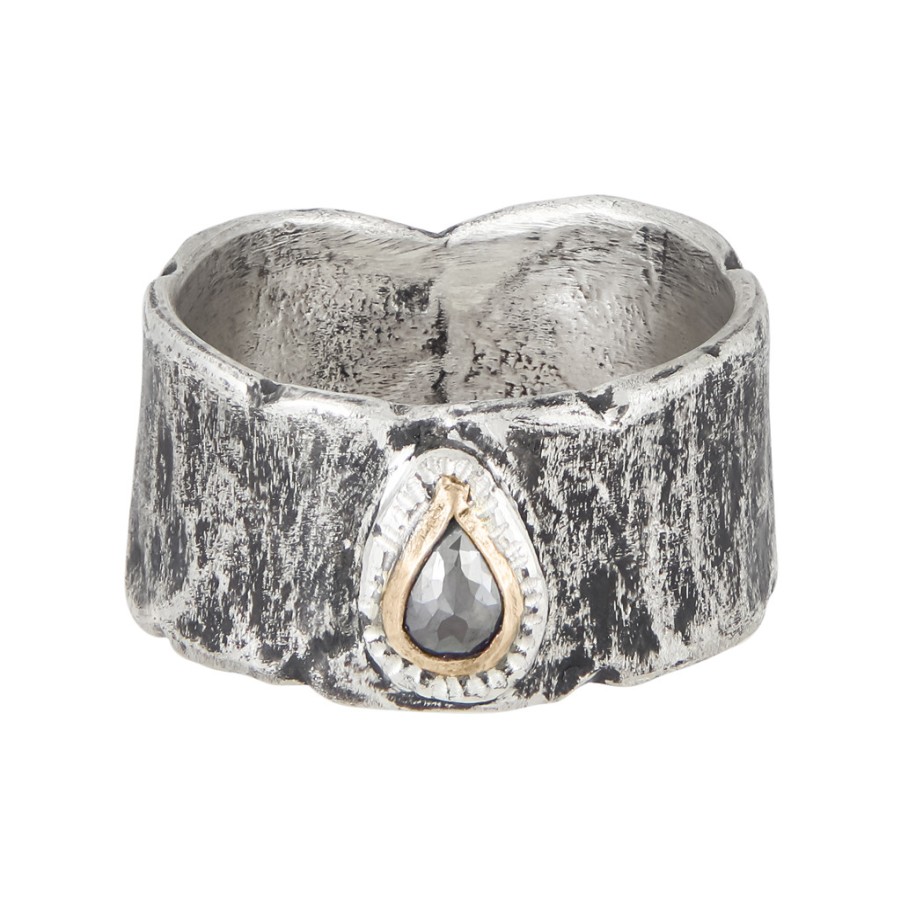 Rings Tomfoolery London | Silver & Grey Diamond Teardrop Wide Band Ring