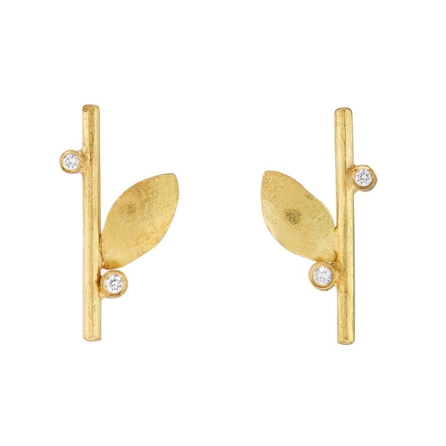 Earrings Tomfoolery London | Gold Leaf & Diamond Studs