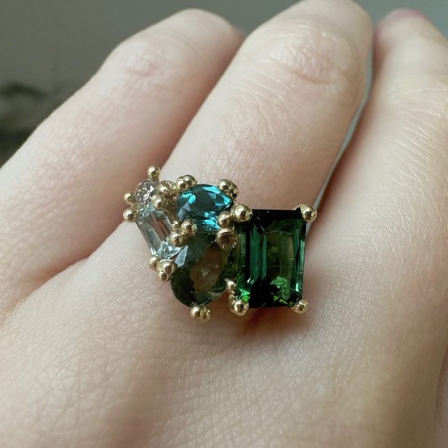 Rings Tomfoolery London | Sapphire & Green Tourmaline Cluster Ring