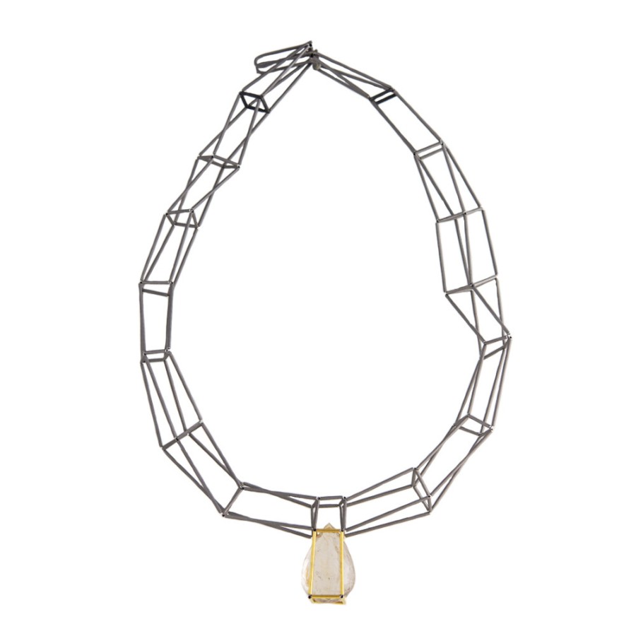 Necklaces Tomfoolery London | Steel & Gold Multi Row Rutilated Quartz Necklace