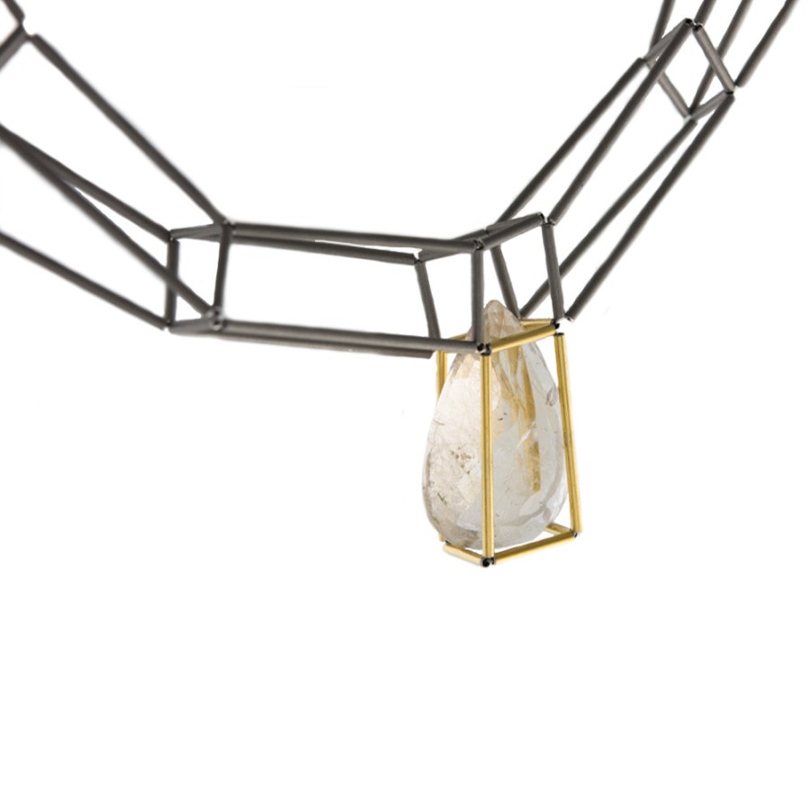 Necklaces Tomfoolery London | Steel & Gold Multi Row Rutilated Quartz Necklace