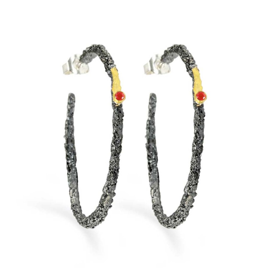 Earrings Tomfoolery London | Large Oxidised Silver, Gold & Ruby Textured Hoops