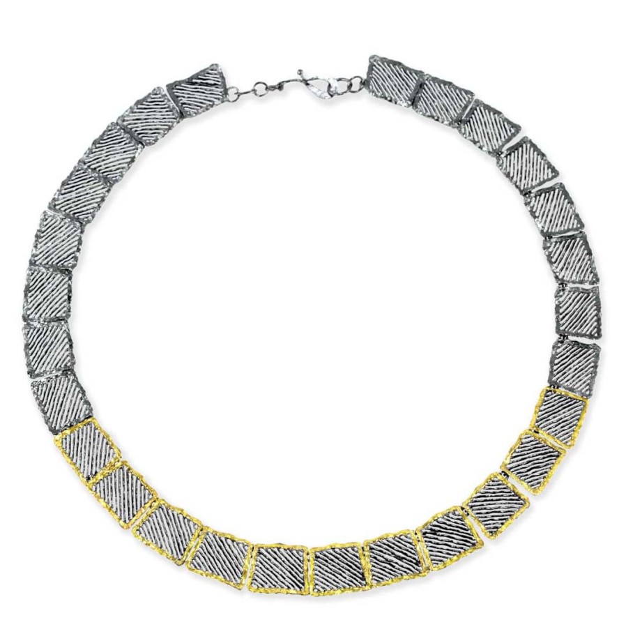 Necklaces Tomfoolery London | Oxidised Silver & Gold Organic Square Link Necklace