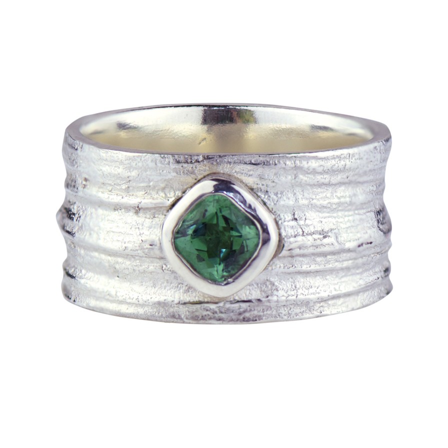 Rings Tomfoolery London | Wide Silver & Green Tourmaline Oak Band