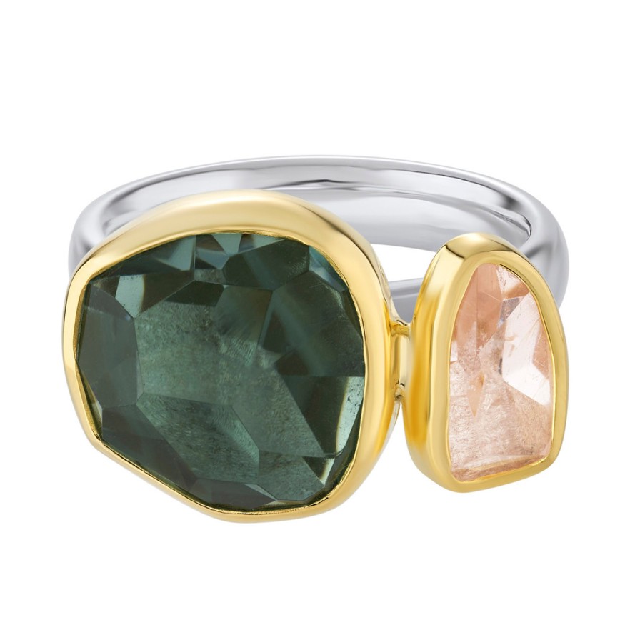 Rings Tomfoolery London | Irregular Green Amethyst & Morganite Flat Band Ring