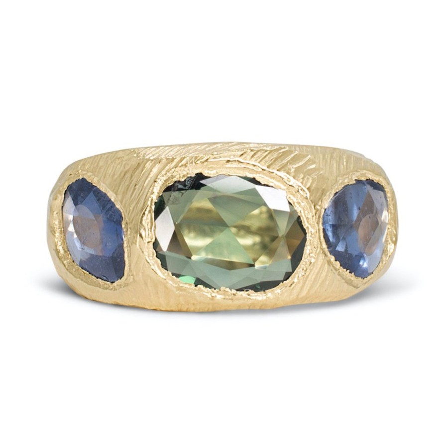 Rings Tomfoolery London | Green & Blue Sapphire Three Stone Tapered Ring