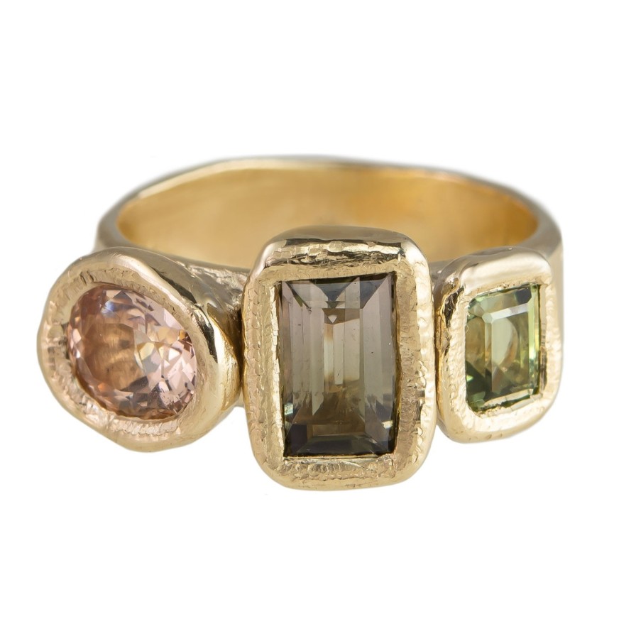 Rings Tomfoolery London | Organic Three Stone Morganite & Tourmaline 9Ct Yellow Gold Ring