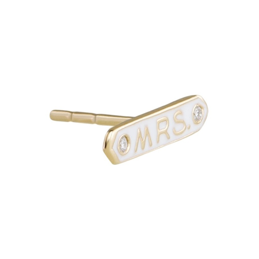 Earrings Tomfoolery London | Diamond & Enamel 14Ct Yellow Gold 'Mrs' Single Stud