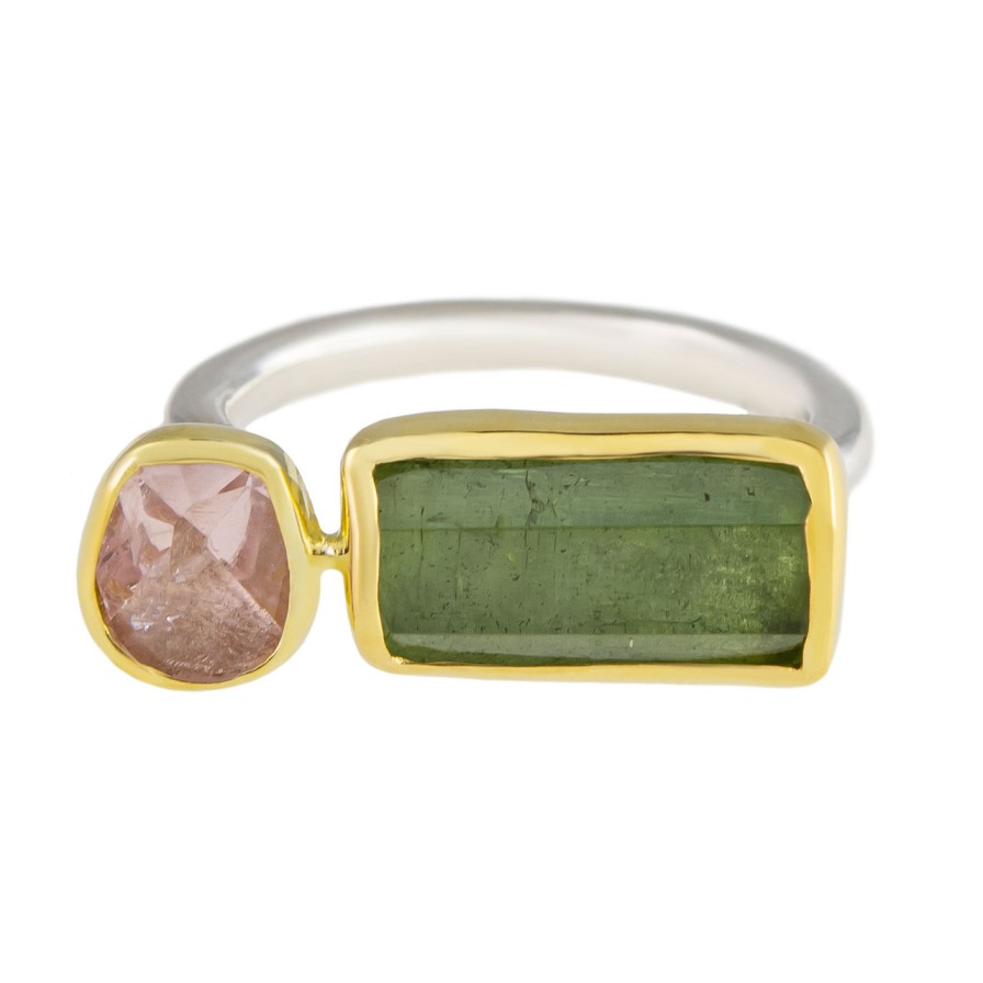 Rings Tomfoolery London | Round Pink & Rectangle Green Tourmaline Yellow 18Ct Gold & Silver Ring