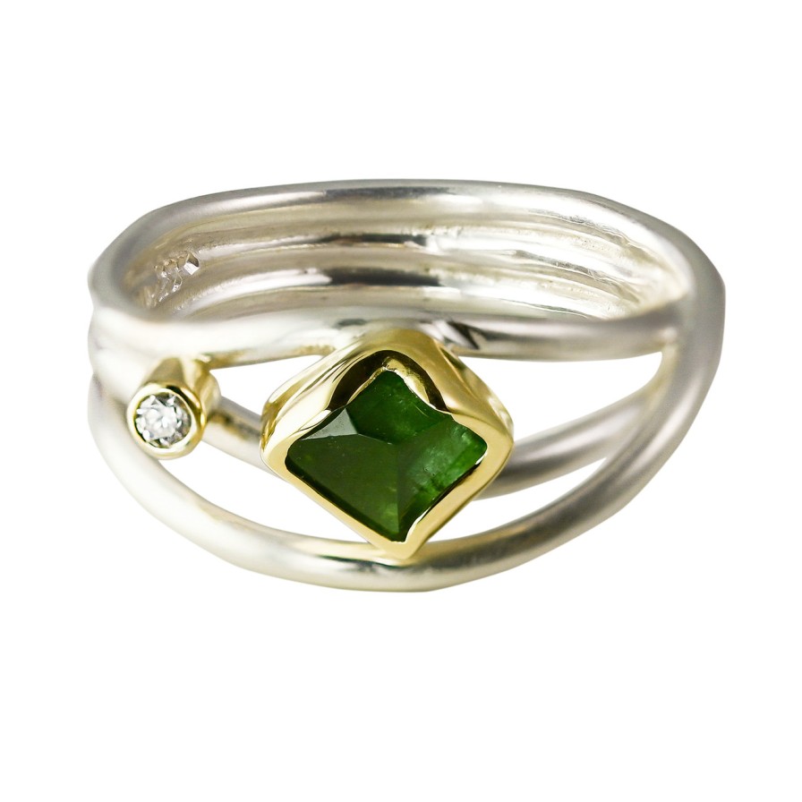 Rings Tomfoolery London | Green Tourmaline, Diamond, 18Ct Yellow Gold & Silver Narrow Wrap Ring