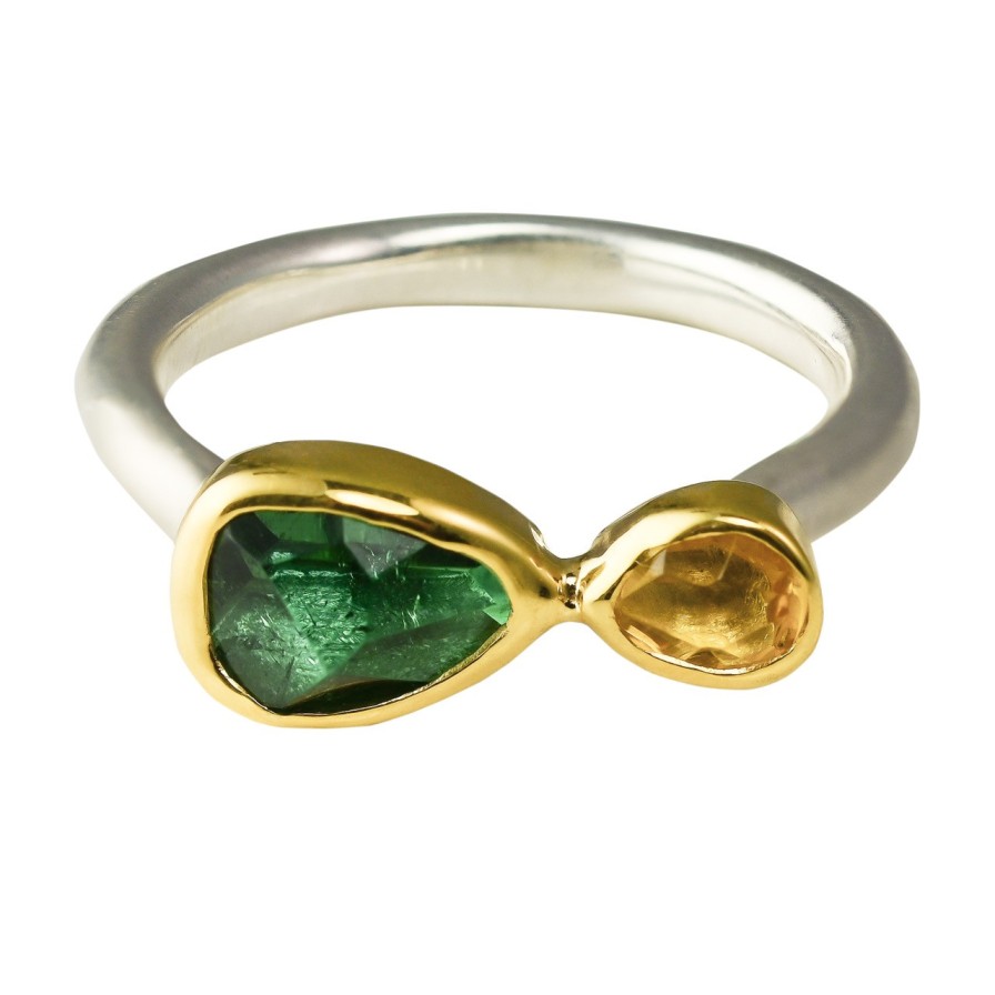 Rings Tomfoolery London | Green Tourmaline, Yellow Beryl, 18Ct Yellow Gold & Silver Ring