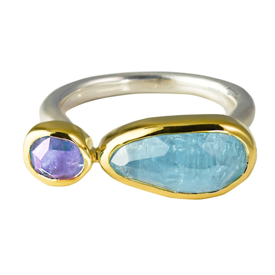 Rings Tomfoolery London | Tanzanite, Aquamarine, 18Ct Yellow Gold & Silver Ring