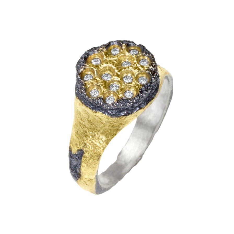 Rings Tomfoolery London | Oxidised Silver, Gold & Diamond Scatter Signet Ring