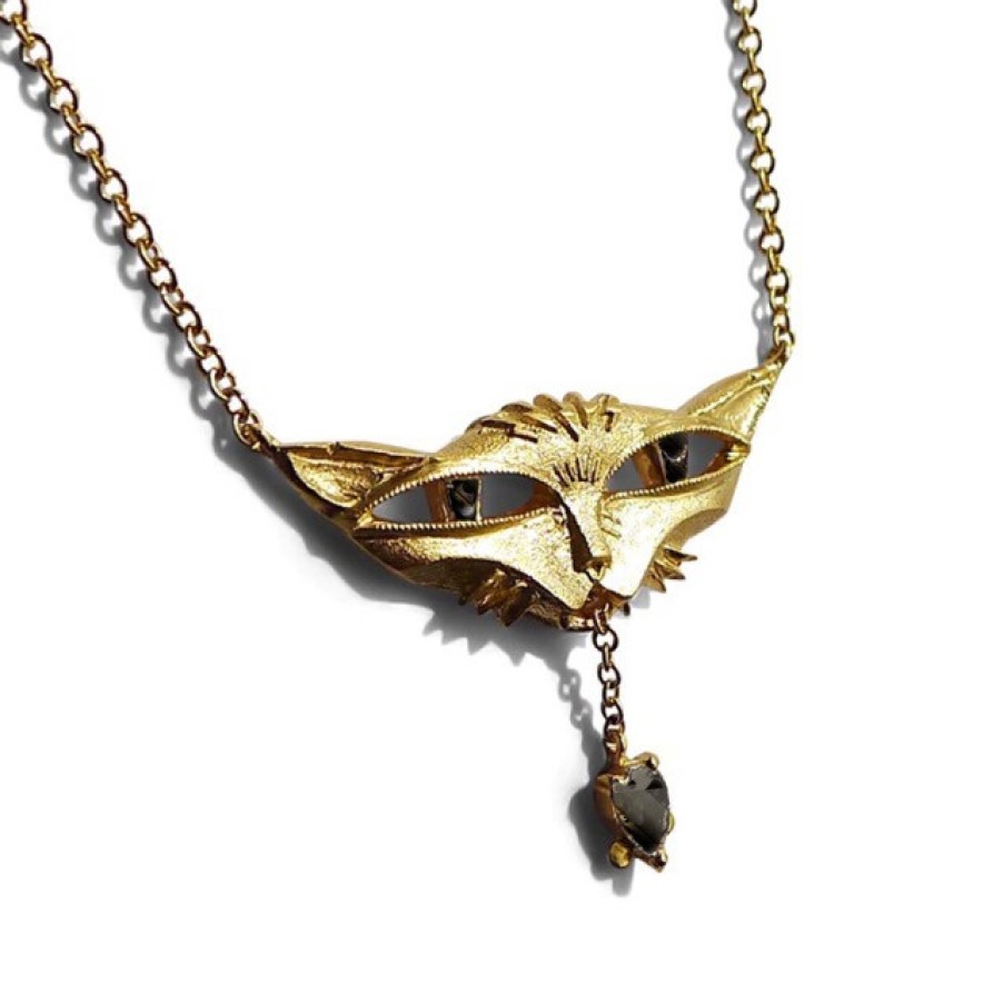 Necklaces Tomfoolery London | 14Ct Yellow Gold Bastet Cat Pendant Black Diamond