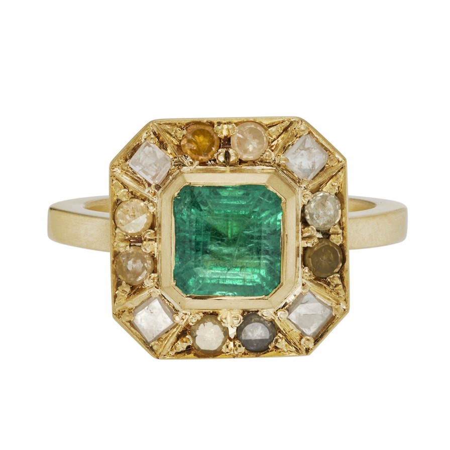 Rings Tomfoolery London | 18Ct Yellow Gold Puzzle Emerald And Mixed Cut Diamond Ring