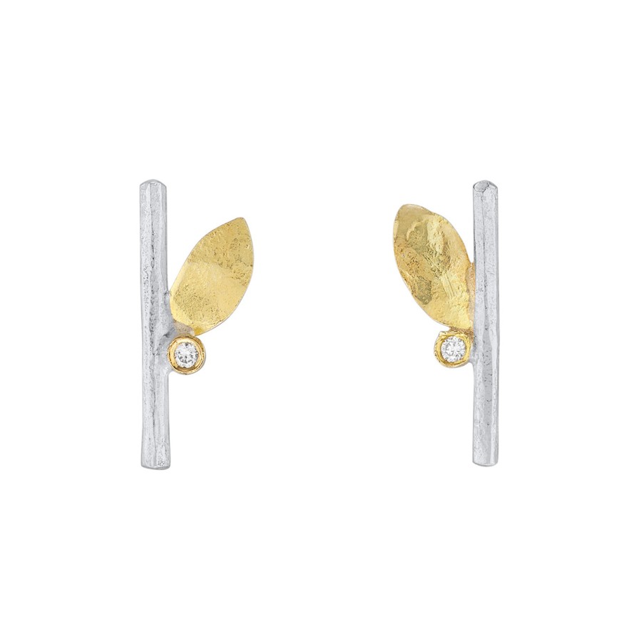 Earrings Tomfoolery London | Small Silver & Gold Leaf Studs With Diamonds