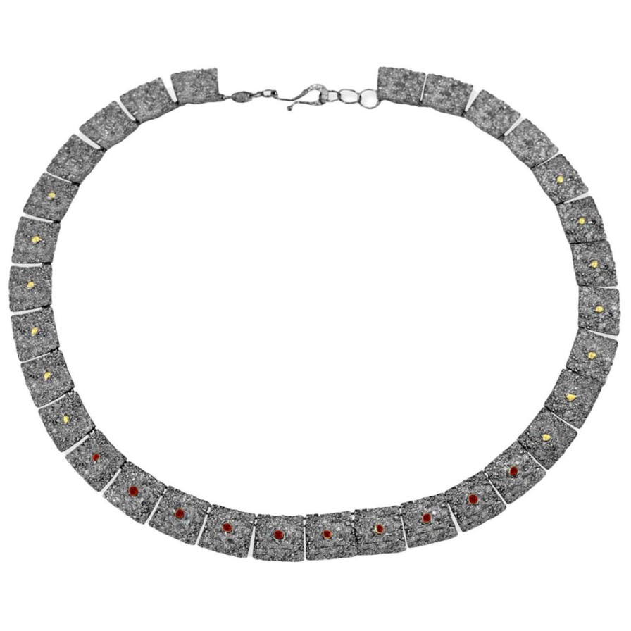 Necklaces Tomfoolery London | Oxidised Silver, Ruby & Gold Large Square Link Necklace