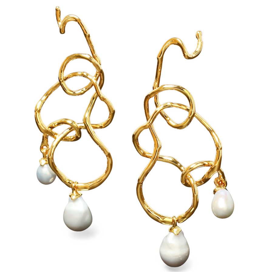 Earrings Tomfoolery London | Twisted Gold Large Pearl Drop Statement Earrings