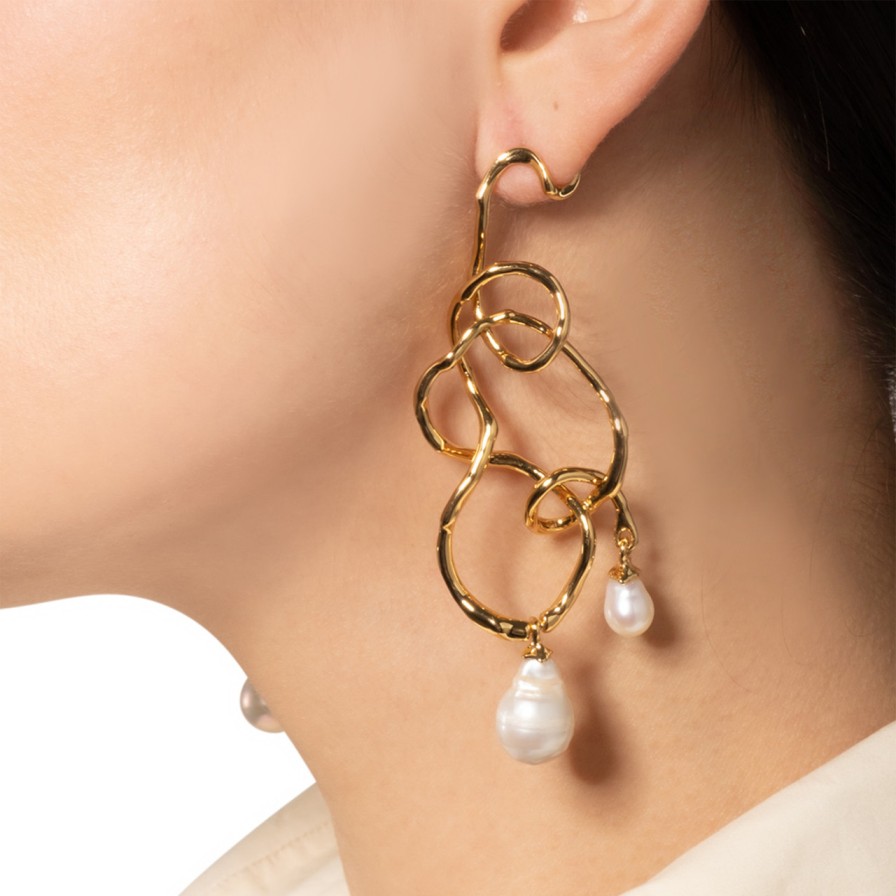 Earrings Tomfoolery London | Twisted Gold Large Pearl Drop Statement Earrings