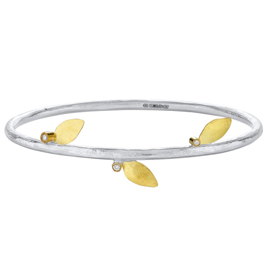 Bracelets Tomfoolery London | Silver & Diamond Leaf Bangle With Diamonds