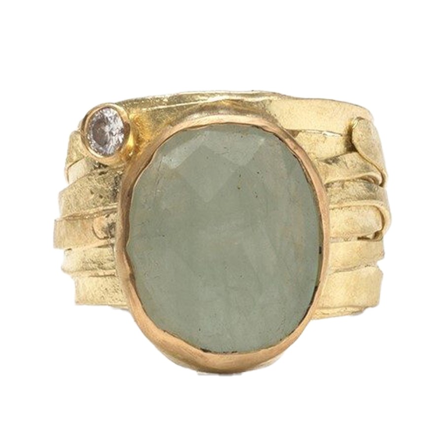 Rings Tomfoolery London | 18Ct Yellow Gold Wrap Ring With Rose Cut Aquamarine & Diamond