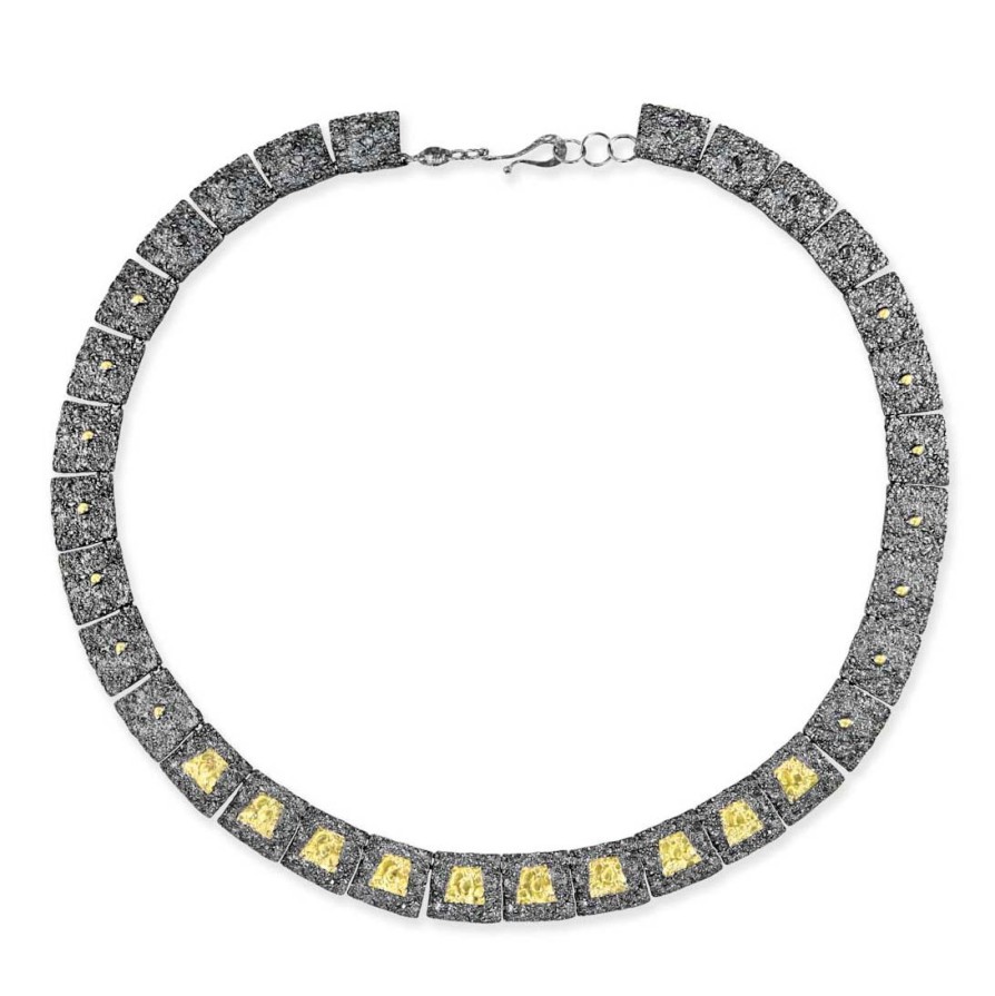 Necklaces Tomfoolery London | Oxidised Silver & Gold Square Link Necklace