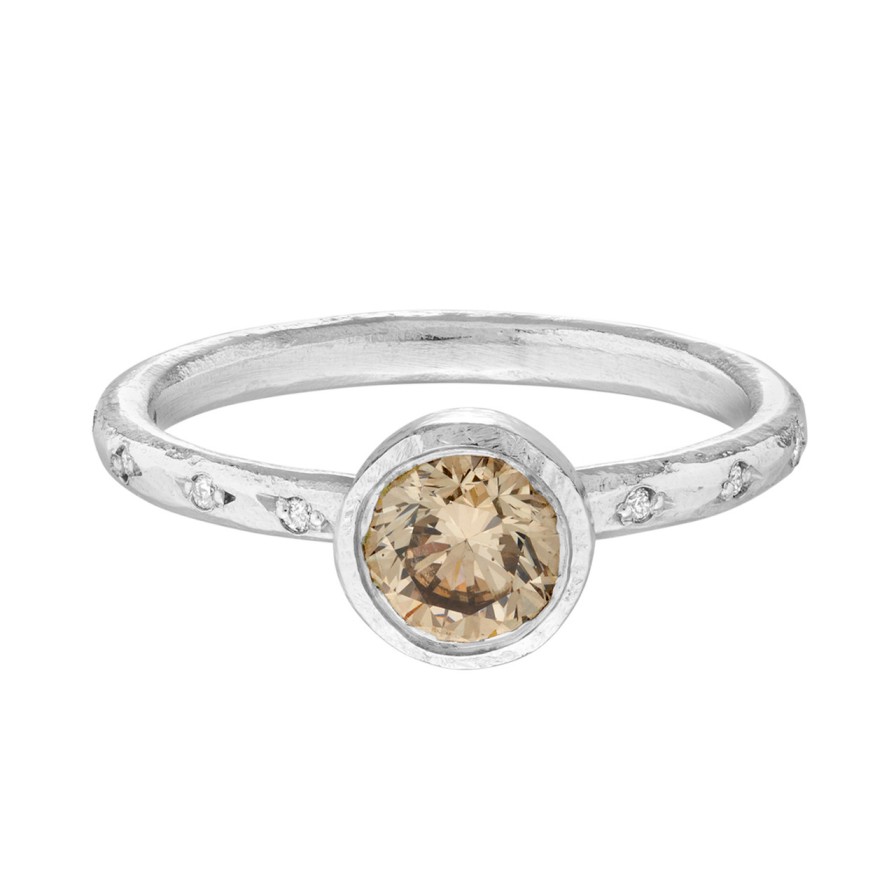 Rings Tomfoolery London | 18Ct White Gold Champagne Solitaire Ring With Scattered Diamonds