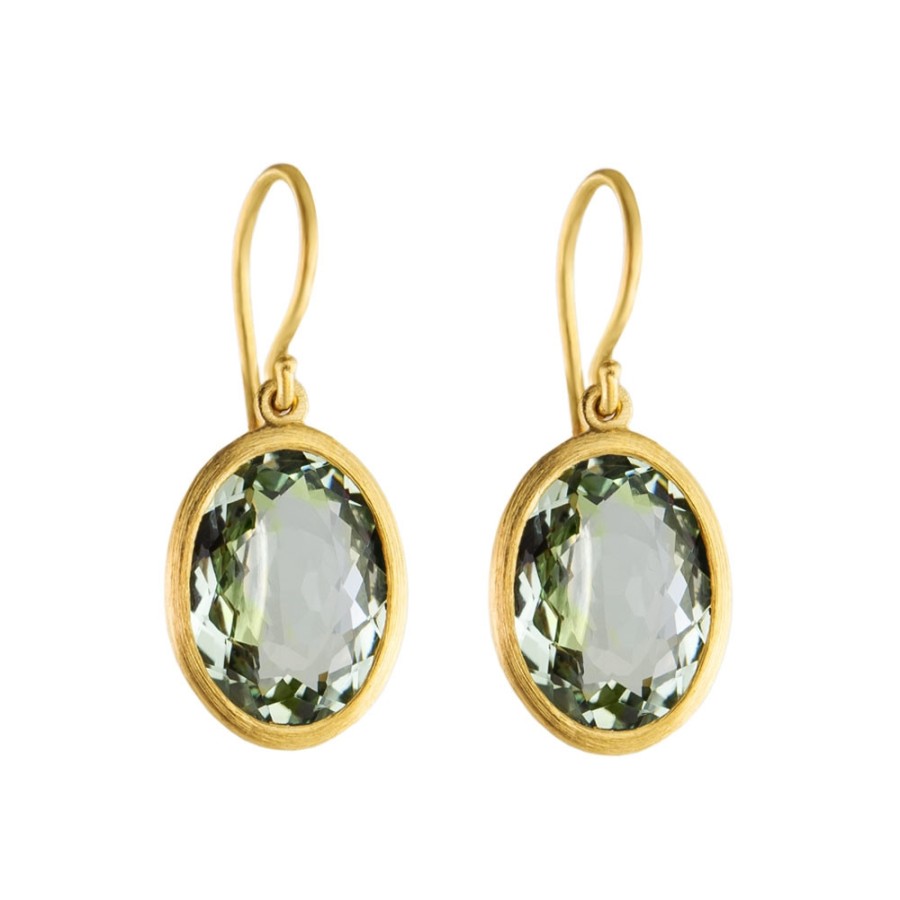 Earrings Tomfoolery London | Large Oval Green Amethyst Gold Plated Drop Earrings