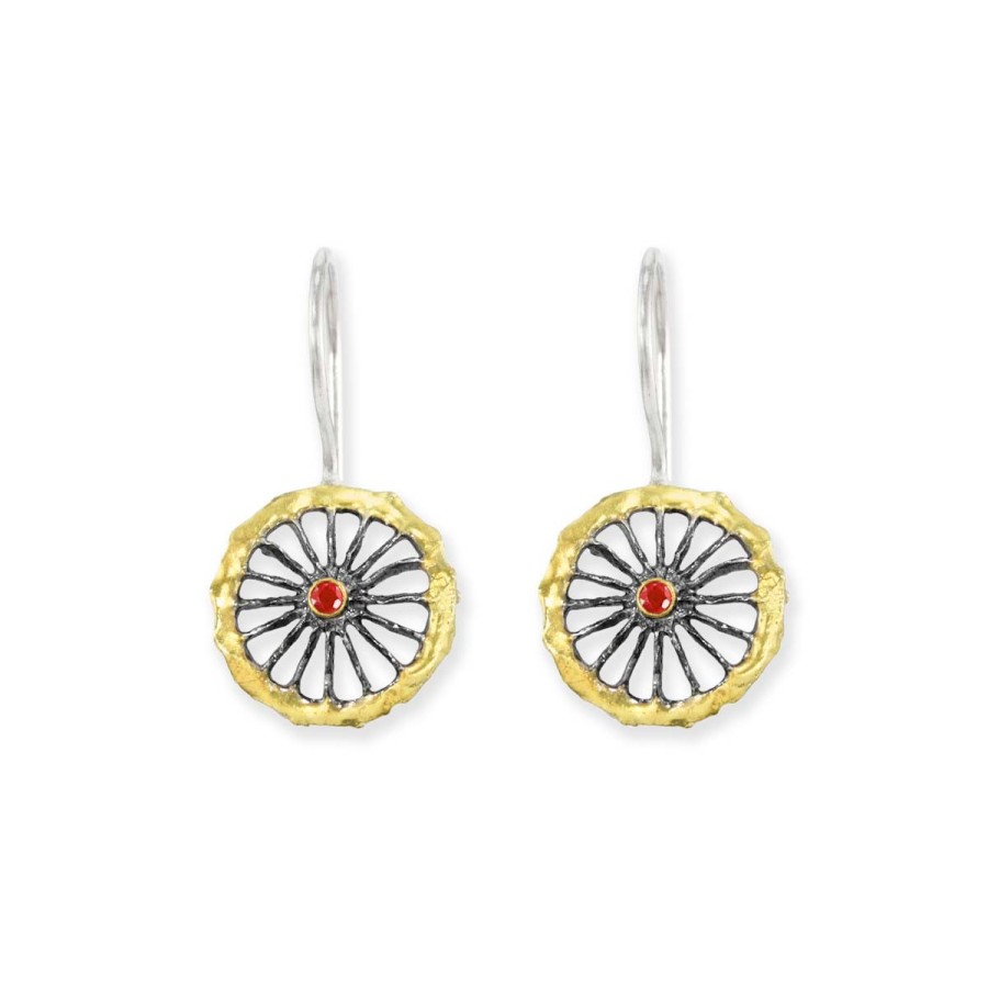 Earrings Tomfoolery London | Oxidised Silver, Ruby & Gold Disc Drop Earrings