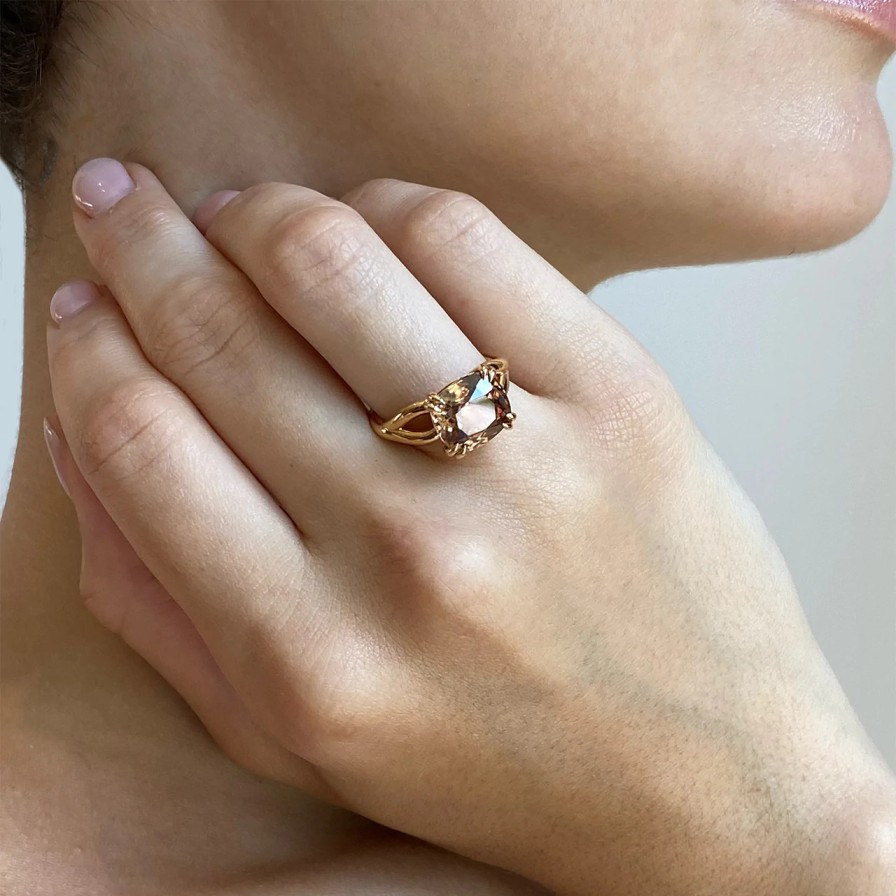 Rings Tomfoolery London | Champagne Zircon Languid Solitaire Ring In 20Ct Rose Gold