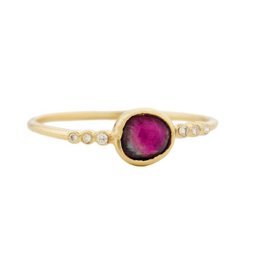 Rings Tomfoolery London | 14Ct Yellow Gold, Pink Watermelon Tourmaline & Six Diamond Ring