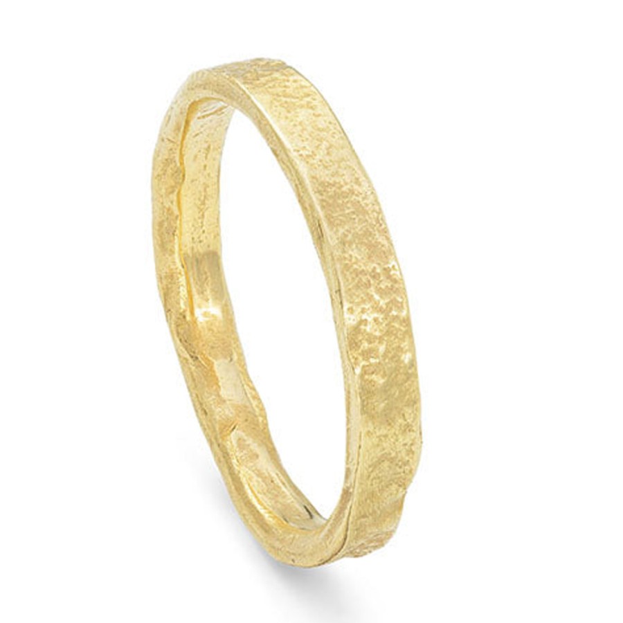 Rings Tomfoolery London | Stone Slim Textured 18Ct Yellow Gold Wedding Band