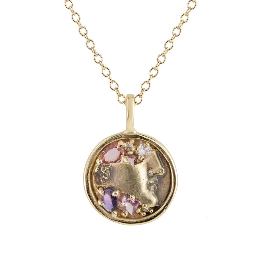 Necklaces Tomfoolery London | Mixed Sapphire Fragmented Face 10 Carat Yellow Gold Pendant Necklace