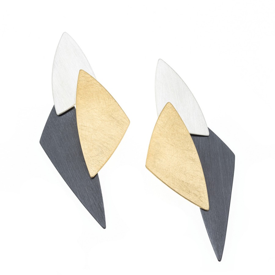 Earrings Tomfoolery London | Gold And Silver Triple Triangle Earrings