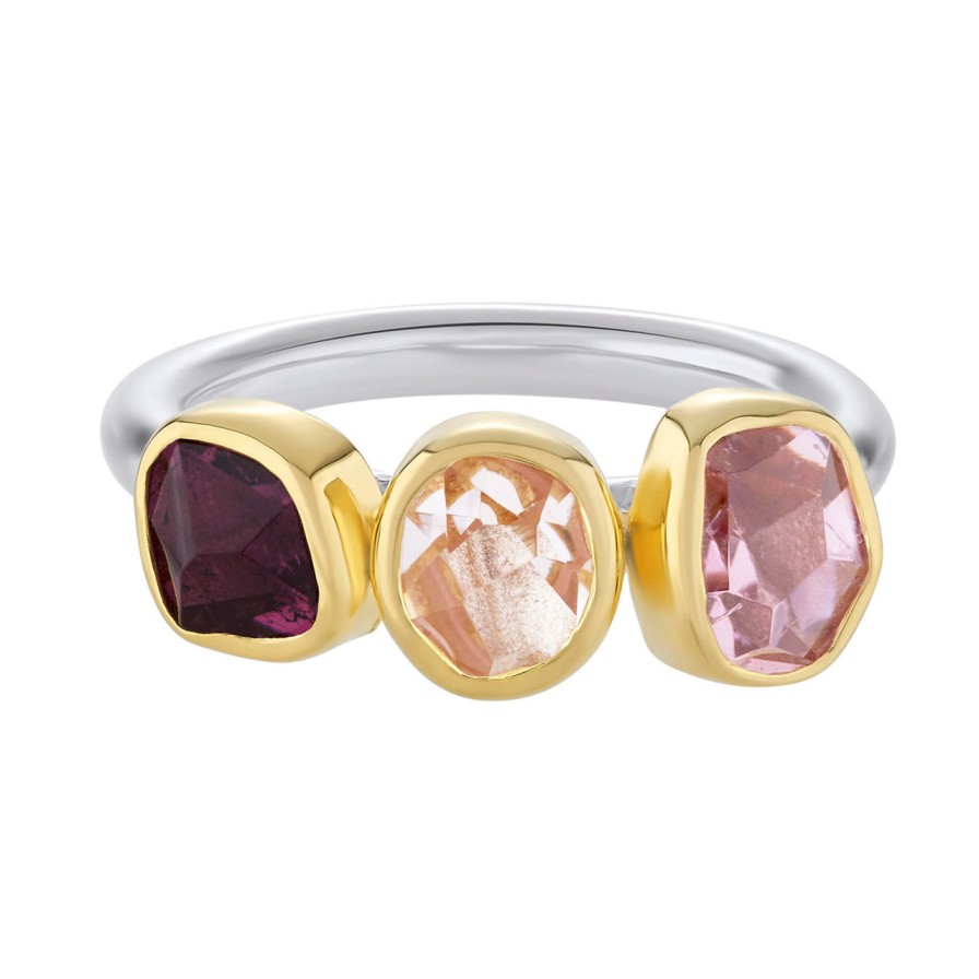 Rings Tomfoolery London | Pink Tourmaline & Morganite Three Stone Rounded Band Ring