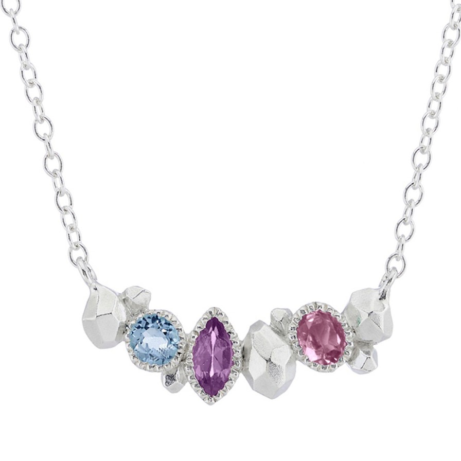 Necklaces Tomfoolery London | Gea Trio Necklace In Silver With Aquamarine, Amethyst, Tourmaline