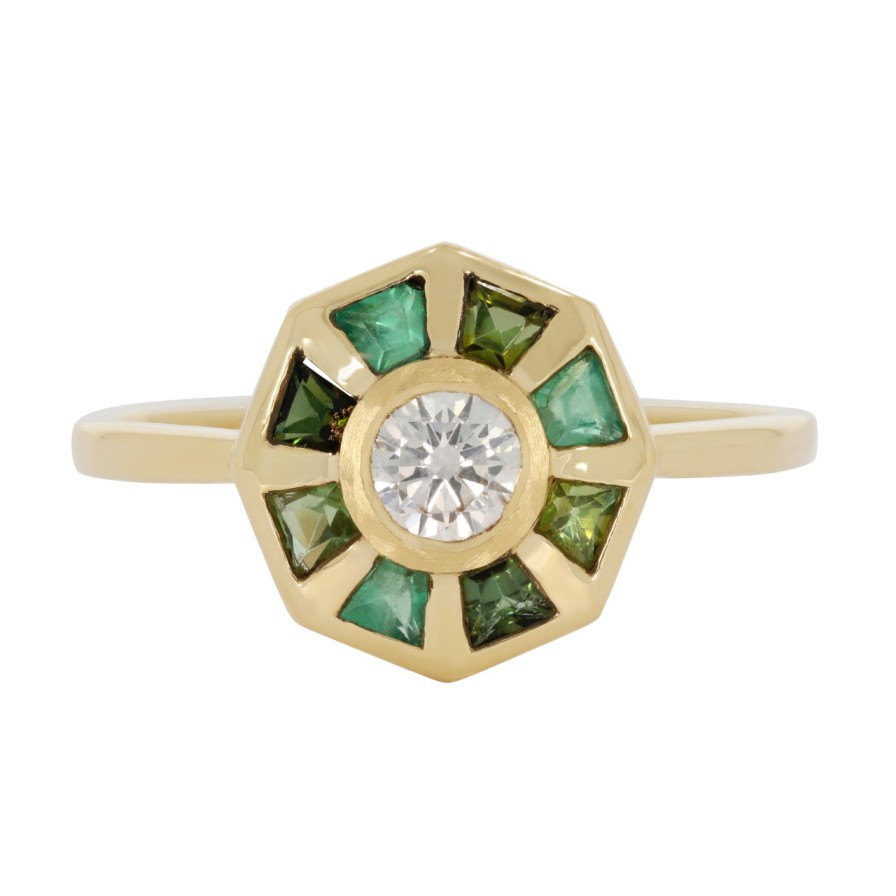 Rings Tomfoolery London | Green Baguette Diamond Halo Ring