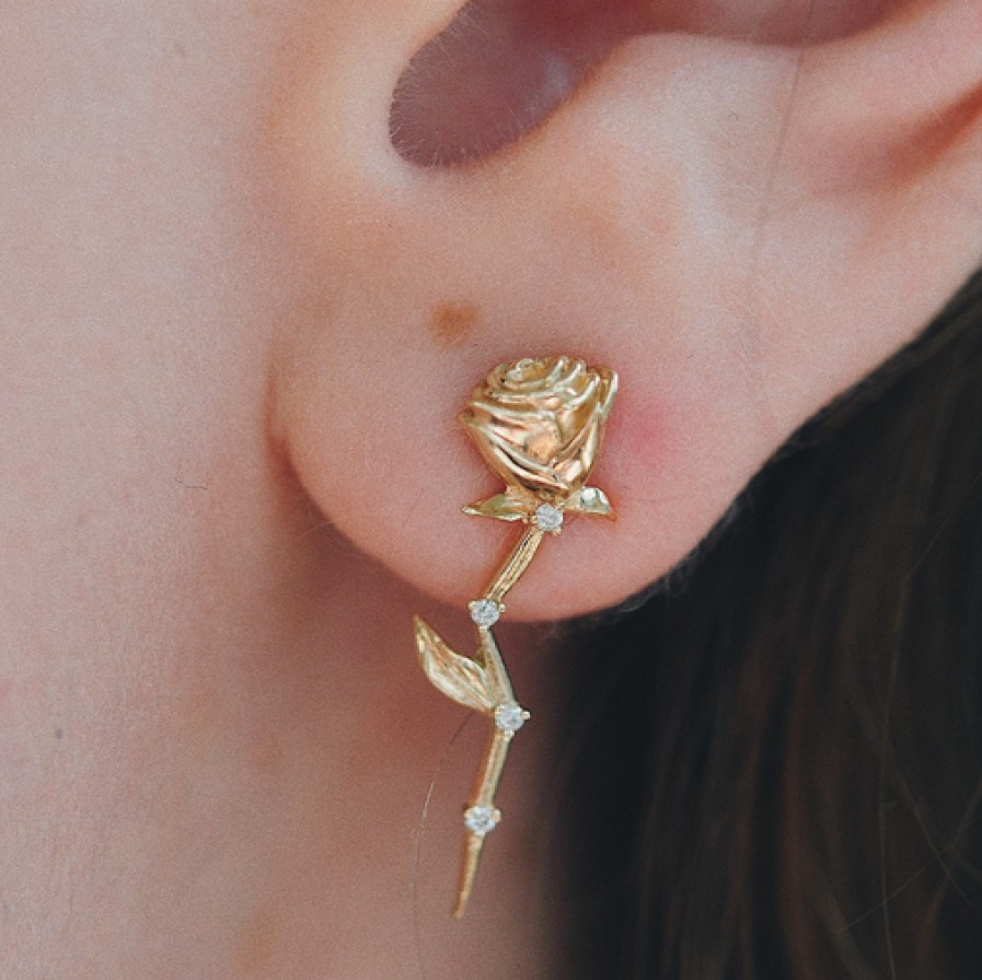 Earrings Tomfoolery London | Diamond Stem Rose Single Earring