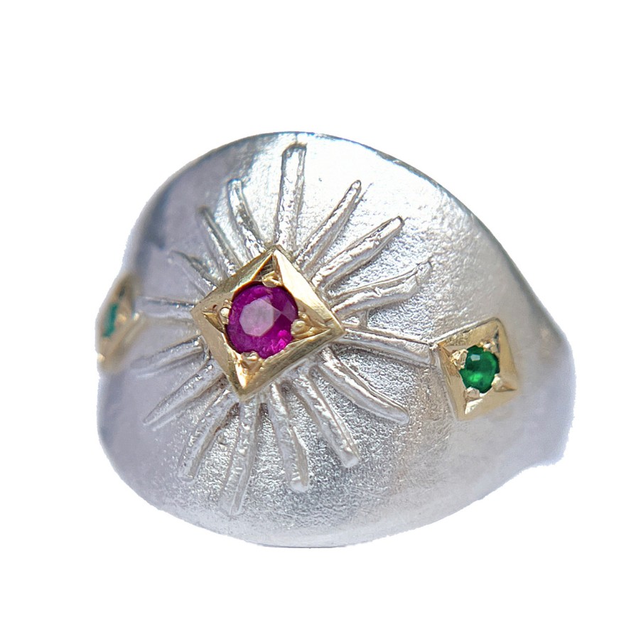 Rings Tomfoolery London | Silver, Ruby & Emerald Shield Signet Ring